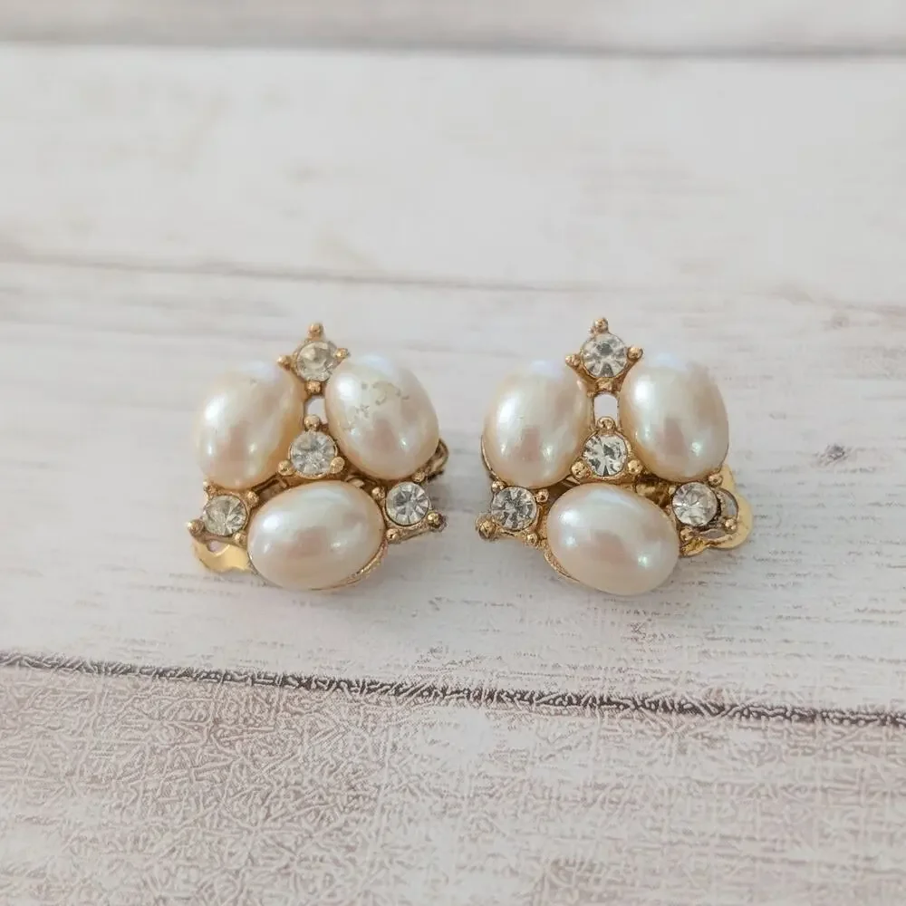 Vintage Richelieu Clip On Earrings Gold Tone, Clear Gem, Faux Pearl - Some Marks